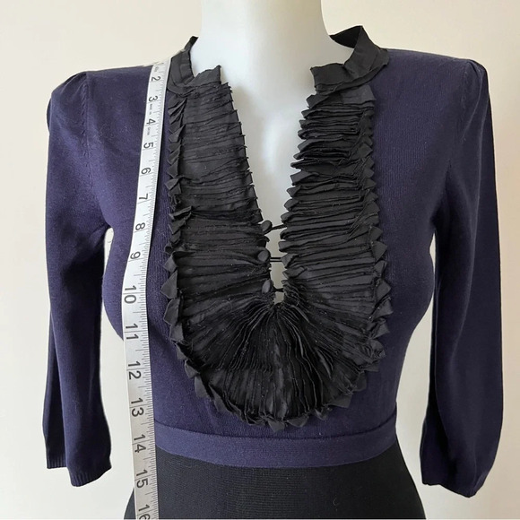 BCBG MaxAzria Blue Black Dress Ruffle V Neck Silk Knit Sweater Dark Academia XXS - Picture 6 of 14